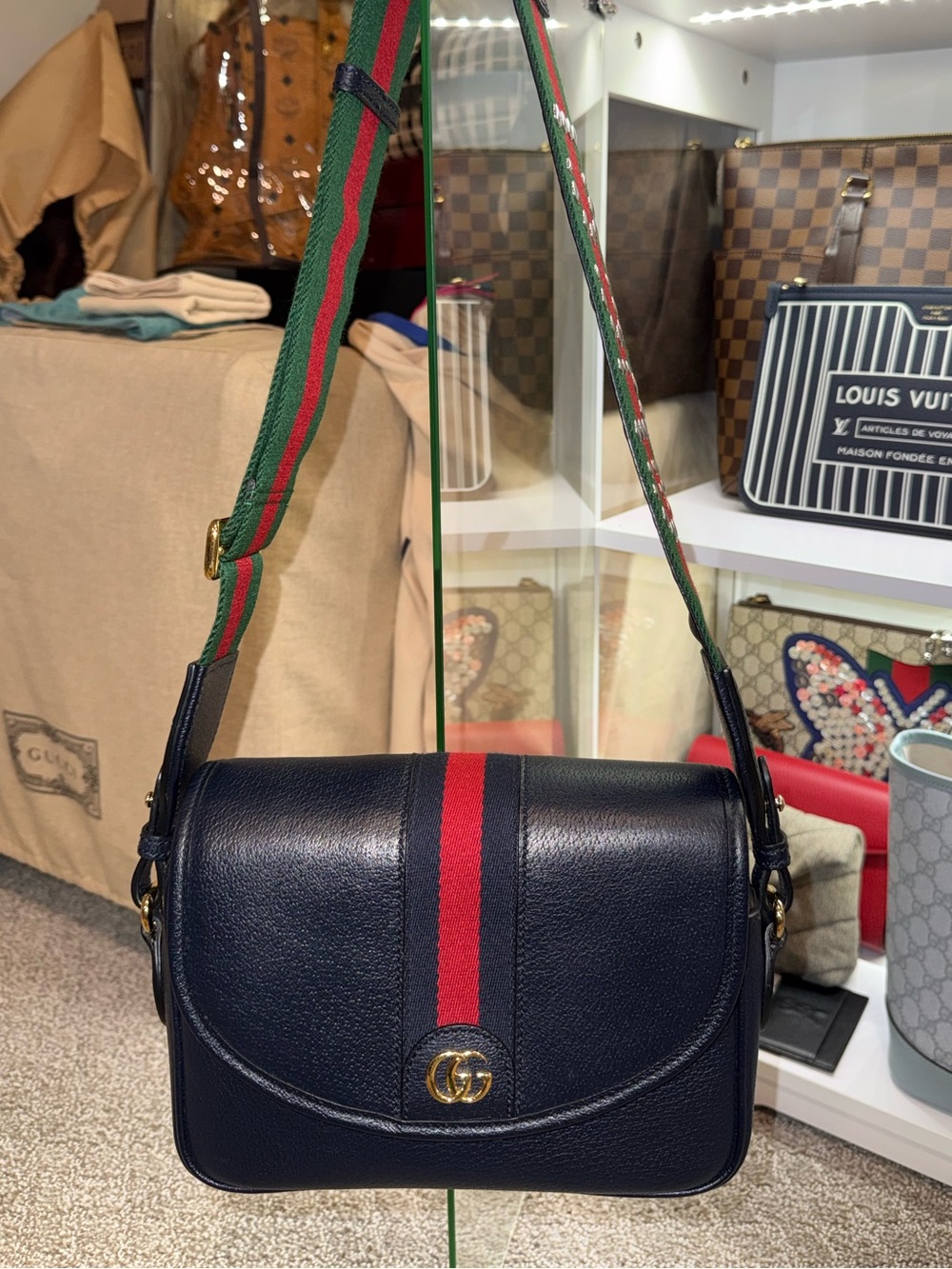 Gucci Navy Leather Crossbody with Red Stripe and Green Strap